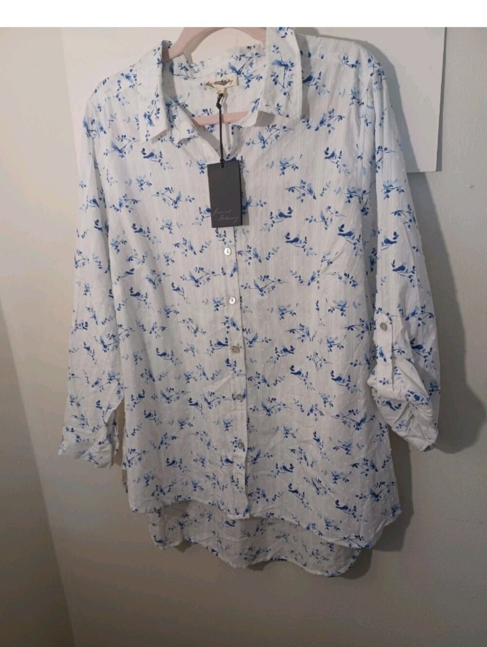 Jane and Delancey Button-Down Shirt with Blue Floral Print Roll-Tab Sleeves 2X